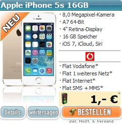 Apple iPhone 5s 16 GB jetzt nur 29,90€ incl. Flat
